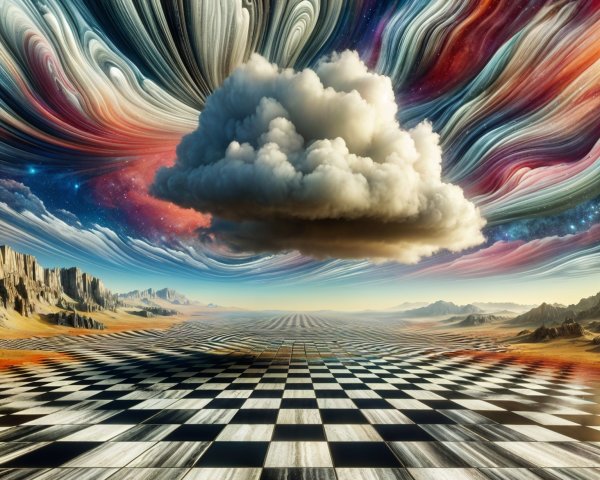 Surreal Landscape with Checkerboard Ground and Cosmic Sky