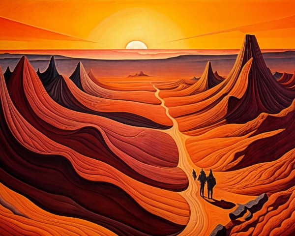 Vibrant Sunset Over Surreal Desert Landscape with Figures