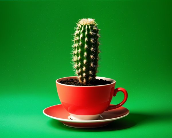 Cactus in Red Coffee Cup on Green Background
