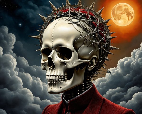 Stylized Skull with Crown of Thorns and Moonlit Sky