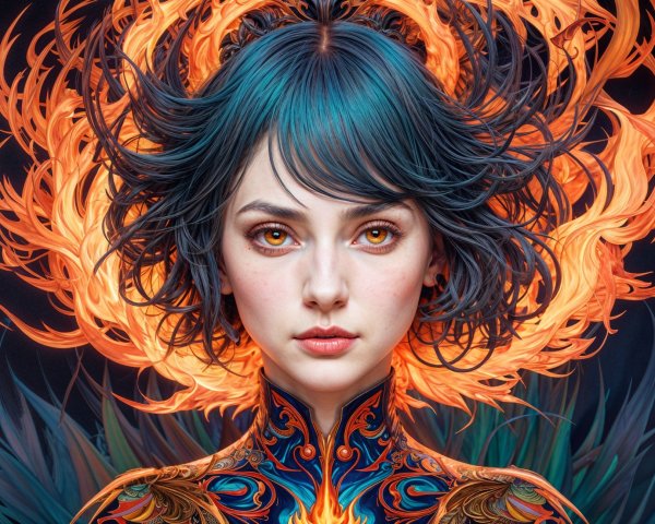 Portrait of a Young Woman with Turquoise Hair and Flames