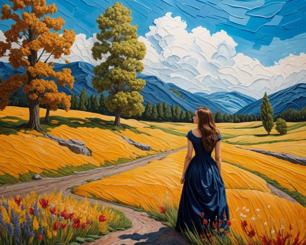 Young Woman in Blue Dress Overlooking Vibrant Landscape