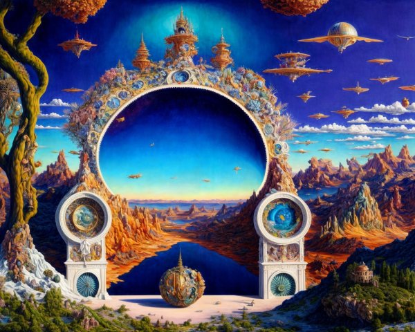 Surreal Landscape with Archway and Vibrant Sky