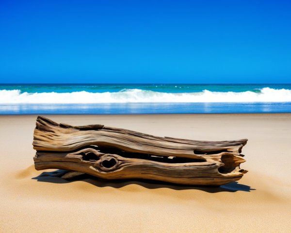 Driftwood on Sandy Beach with Ocean Waves and Sky