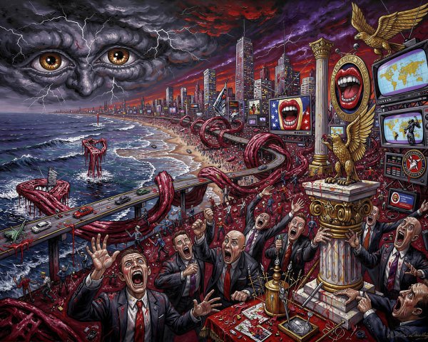 Grotesque Coastal City Painting with Stormy Skies