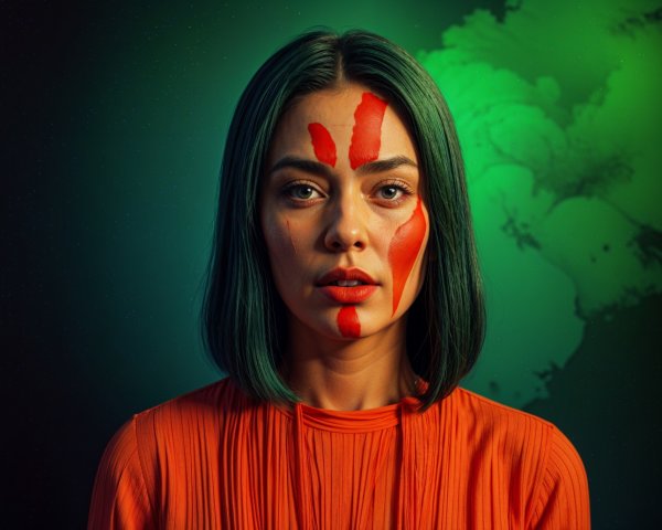 Portrait of a Woman with Green Hair and Facial Paint