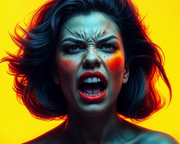 Woman Screaming with Colorful Hair and Bright Background
