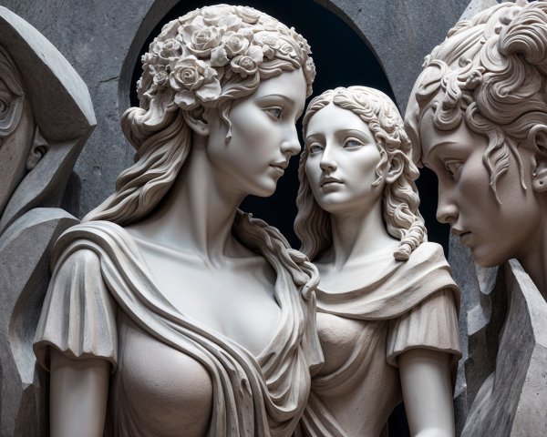 Intricately Carved Marble Sculptures of Three Women