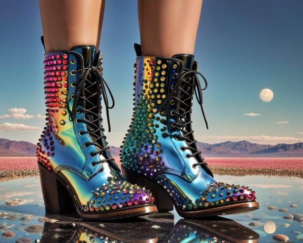 Iridescent Lace-Up Boots with Colorful Studs Displayed