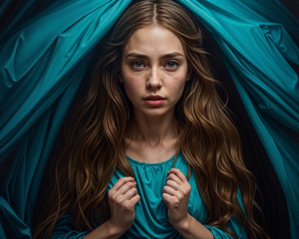 Young woman in turquoise top with serene expression