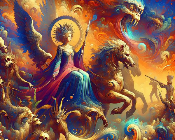 Regal Woman on Ornate Horse in Vibrant Colors