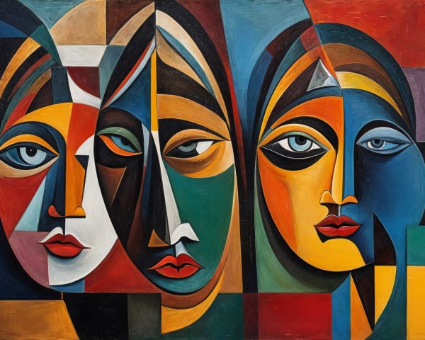 Three Stylized Female Faces in Bold Colors and Patterns