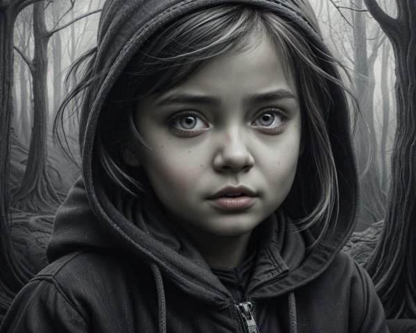 Child with Gray Eyes in Misty Forest Setting