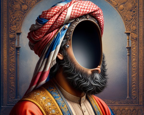 Traditional Attire with Hollow Face and Ornate Background