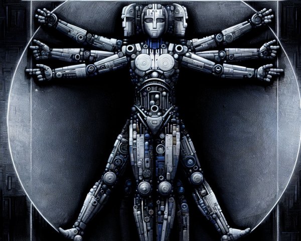 Futuristic Humanoid Figure in Vitruvian Design