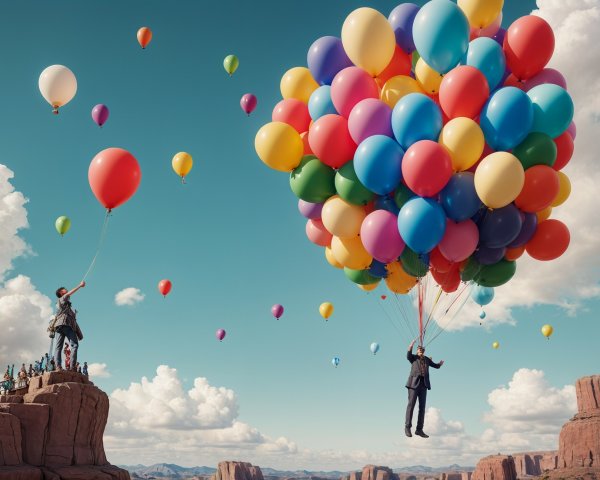 Whimsical Landscape with Balloons and Rock Formations