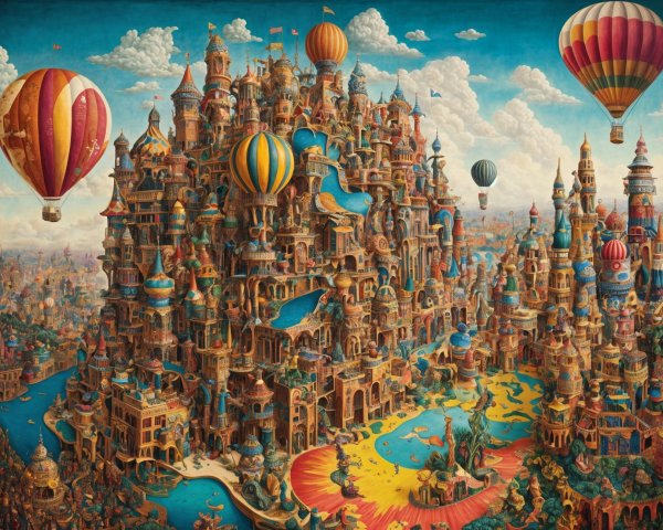 Whimsical Fantasy Cityscape with Colorful Balloons