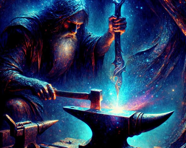 Ancient figure forging a mystical sword at anvil