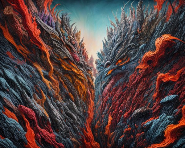 Dramatic Landscape with Majestic Dragons Facing Each Other