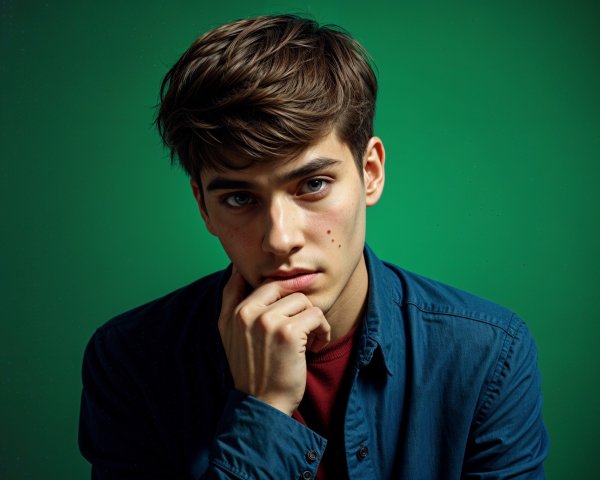 Young man in contemplative pose against green background