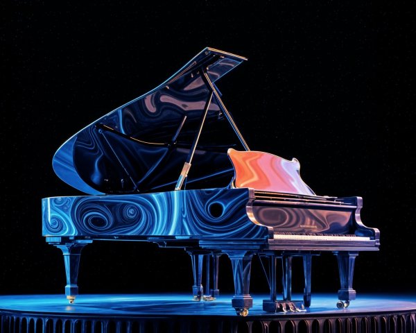 Grand piano on illuminated circular platform with swirls