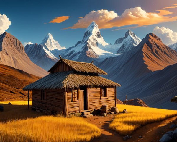 Wooden cabin in golden field with snow-capped mountains