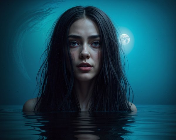 Young woman in serene water with mystical lighting