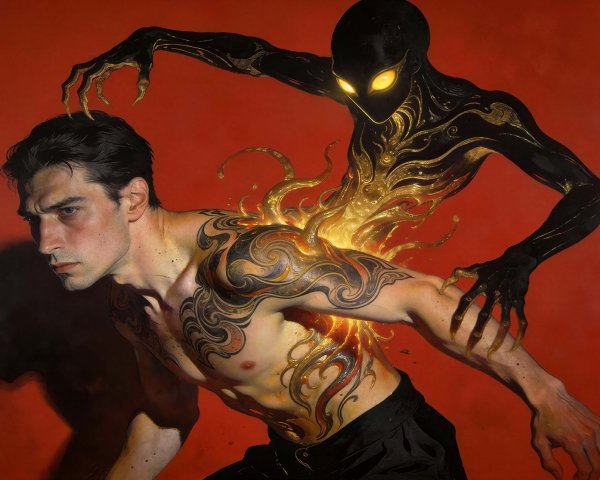 Demonic Being Hovering Over Man with Golden Eyes