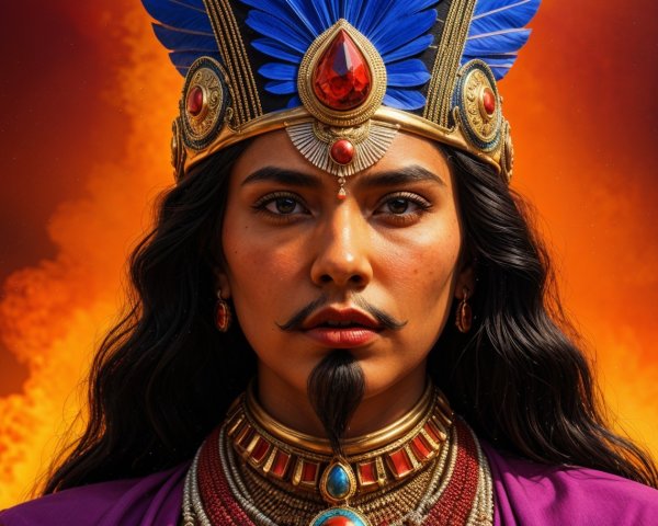 Regal figure in vibrant traditional attire with crown