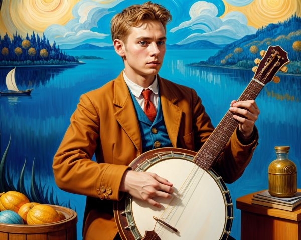 Young man in vintage suit with banjo in scenic setting