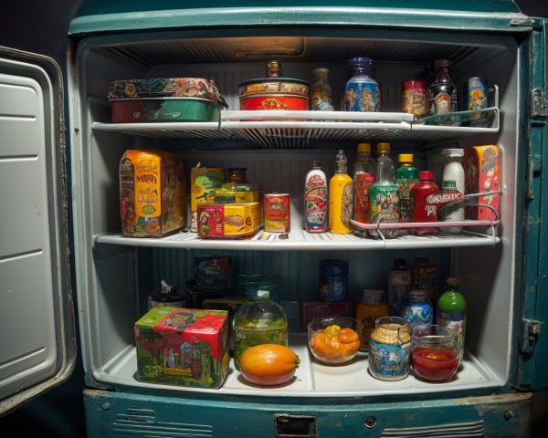 Vintage Refrigerator Filled with Colorful Food Items