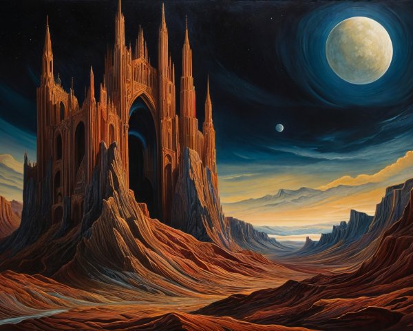 Gothic Structure Against Surreal Twilight Landscape