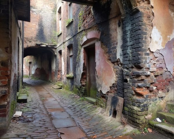 Narrow Cobblestone Alleyway with Decaying Brick Walls