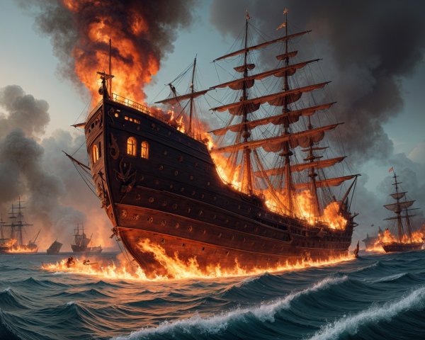 Dramatic Naval Scene of a Ship Engulfed in Flames