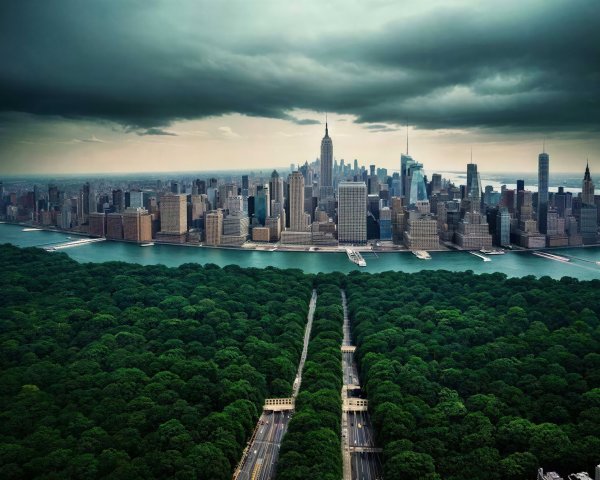 Aerial Cityscape with River and Forest Landscape