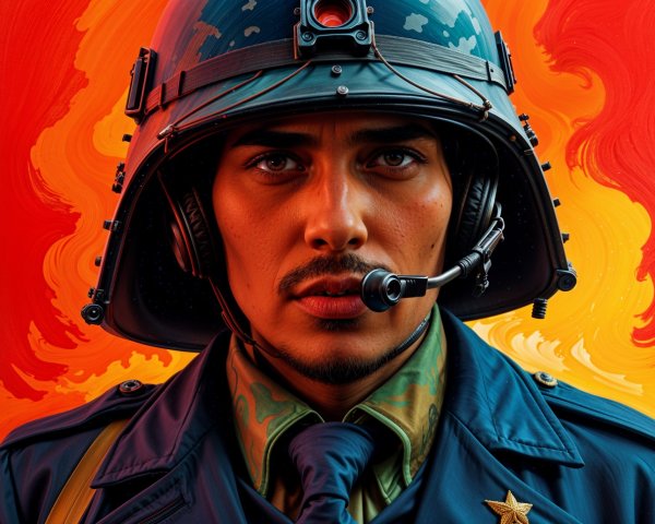 Close-Up Portrait of a Soldier in Helmet and Headset