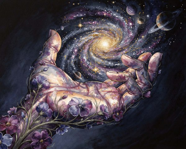 Watercolor Painting of a Cosmic Hand Cradling the Universe