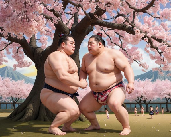 Sumo Wrestlers Compete Under Cherry Blossom Tree