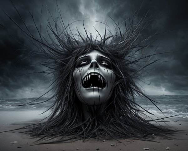 Haunting Scene of a Disembodied Head on a Beach