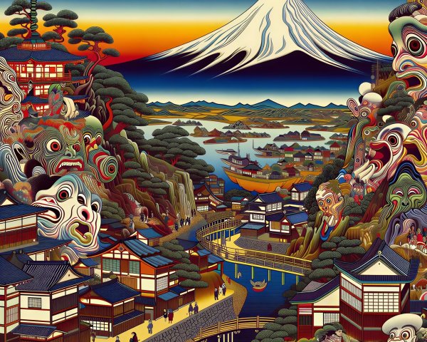 Ukiyo-e Illustration of Japanese Landscape with Mount Fuji