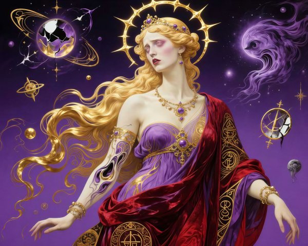 Goddess with Long Golden Hair and Celestial Elements
