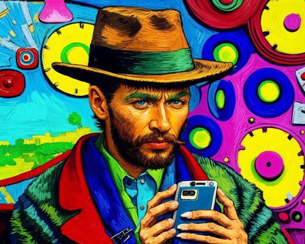 Portrait of a Bearded Man with Smartphone and Colorful Attire