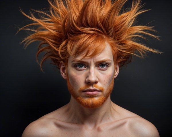 Person with vibrant orange hair and serious expression
