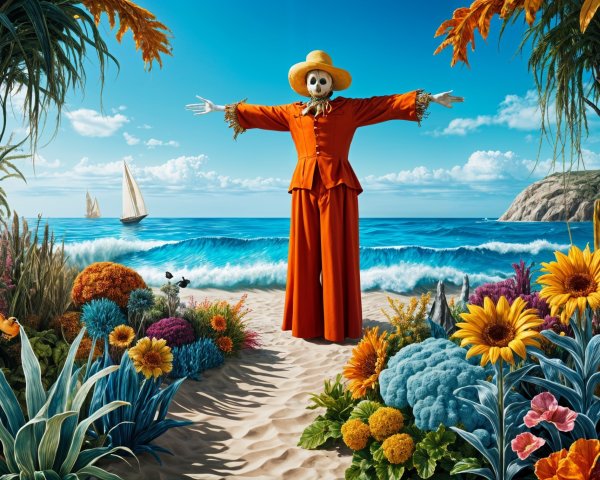 Whimsical Beach Scene with Scarecrow and Tropical Flora