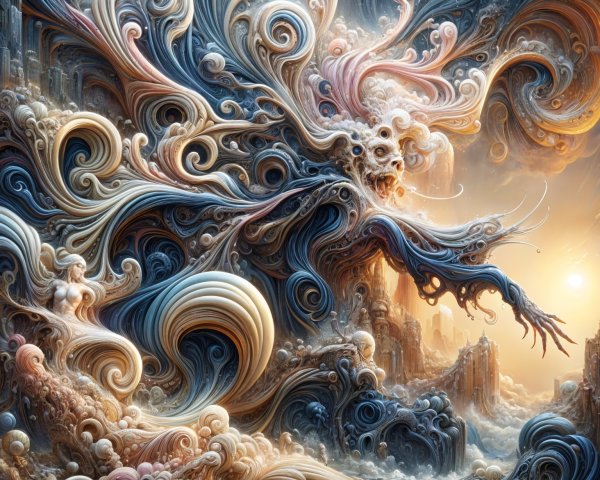 Surreal Composition with Ghostly Figure and Vibrant Patterns