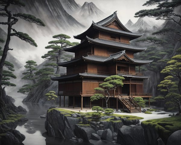 Wooden pagoda by tranquil river with misty mountains