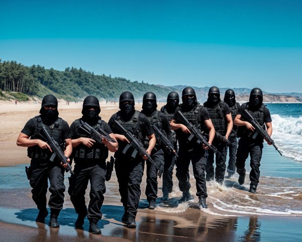 Heavily Armed Individuals in Tactical Gear on Beach