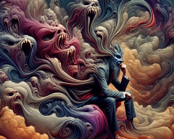 Surreal Scene with Figure in Suit and Vibrant Clouds