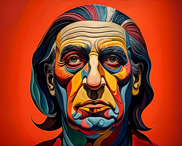 Stylized portrait of a man with vibrant colors and patterns