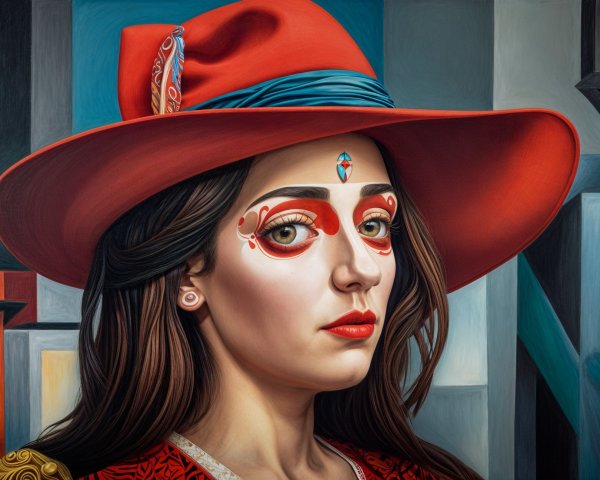Portrait of a woman in a red hat with face paint